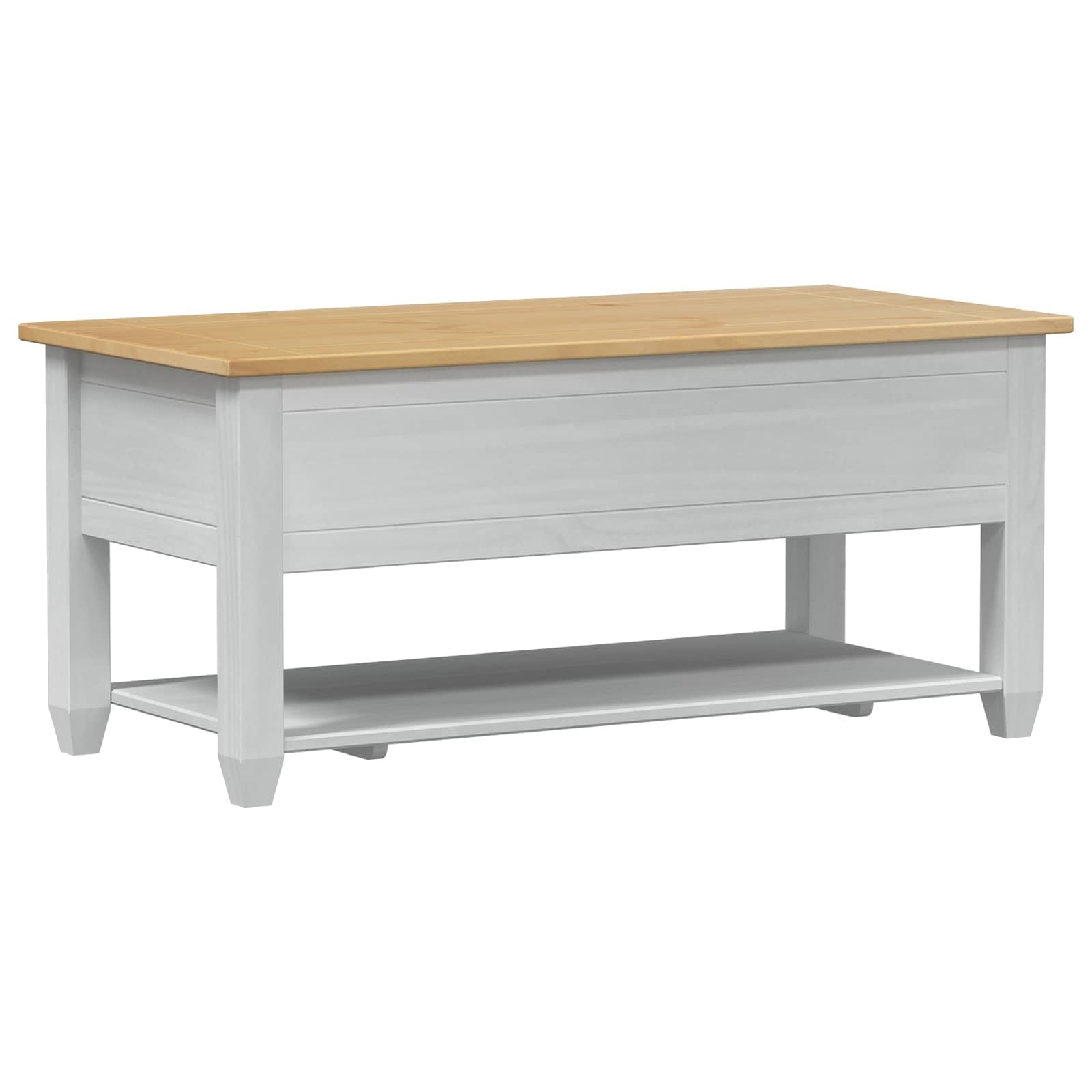Stolik kawowy biały z litego drewna sosnowego, 100 x 48 x 45 cm, z miejscem do przechowywania, regałem i półką, stabilny stolik pomocniczy do salonu, salonu, przedpokoju i recepcji