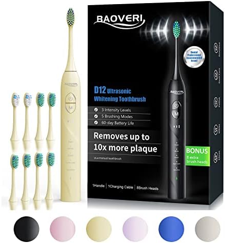 BAOVERI Electric Toothbrush for Adults&Kids, Rechargeable Sonic Toothbrushes, 8 Brush Heads,5 Modes&3 Intensities, 2-Min Smart Timer, 4 Hours Charge for 60 Days
