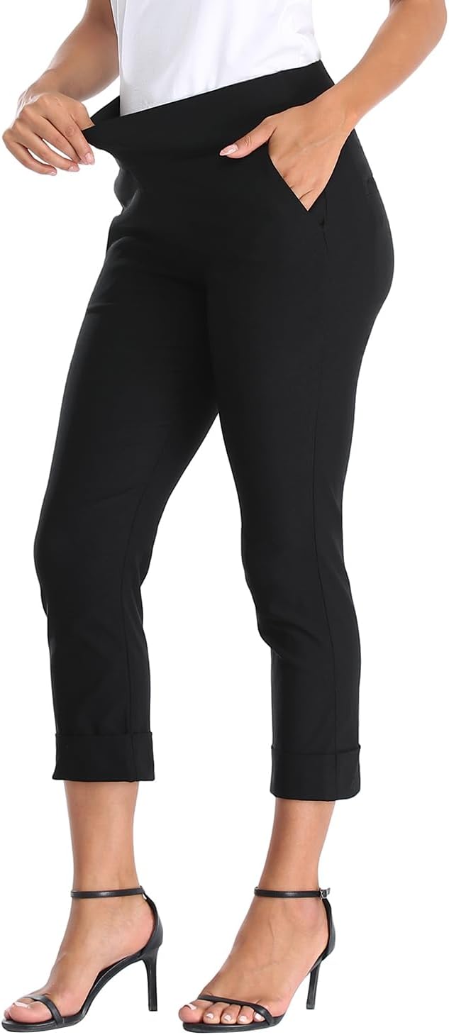 Pull On Capri Pants for Women Elastic Waist Work Casual Dress Cropped Pants with Pockets & Cuff - Image 3