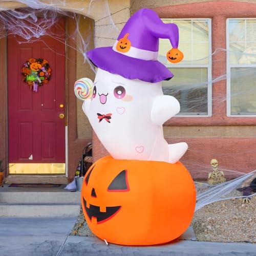 Image of GOOSH 5 FT Halloween Inflatables Ghost Outdoor Decorations Blow Up Yard Cute Ghost Sitting on Pumpkin Helding a Lollipop with Built-in LEDs for Garden Lawn Indoor Party Decor