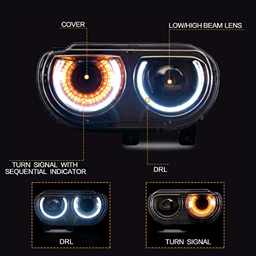 Vland Headlights Assembly Fit For Dodge Challenger 2008-2014 3Rd Gen Coupe W/Dual Beam Lens Drl, Led Front Light With Sequential Indicator Halo, Plug-N-Play Headlamp #TOP1