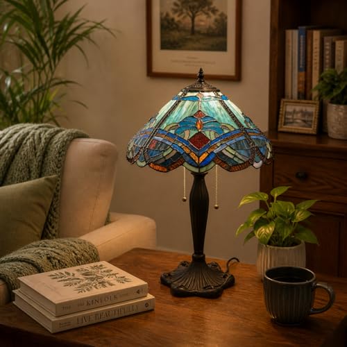 Image of Stained Glass Table Lamp, Multicolor Glass Shade, Bronze Base (Free Bulb) (Design - 12) Free Bulb- 3 Color Options- Warm White, Cool White and Natural