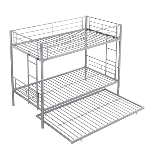 ArisingAsia Twin Over Twin Bunk Bed with Trundle, Metal Bunk Bed with Built-in Ladder and Safety Guardrail, Space-Saving Twin Bunk Beds for Kids, Teens & Adults, No Box Spring, Silver