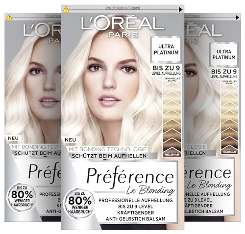 L'Oréal Paris - Abrillantador extremadamente para cabello rubio platino, con tecnología antiamarillez y antirotura, color permanente, Préférence Le Blonding, 9 l rubio platino claro, multipack