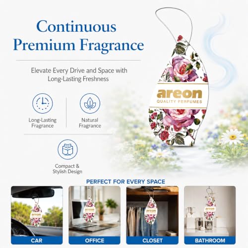 Image of AREON Rose Valley Hanging Air Freshener - Luxury Rose Floral Fragrance for Car, Home, Office, Long Lasting Perfume Aroma Odor Eliminator Decorative Scent Freshener (Pack of 3)