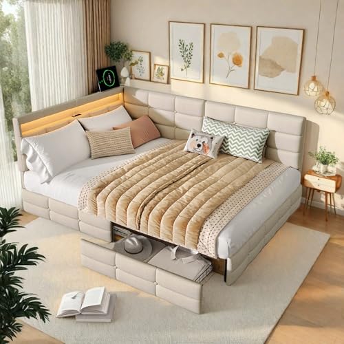 Dormely Canapé Lit 140x190 avec Rangement, Lit Coffre avec 2 tiroirs, LED lit avec Ports USB, montable des Deux côtés, Clic clac aux Chambres, Studios et Salons,...