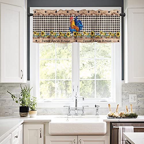 Libaoge Kitchen Curtain Valance And Tiers Set,Farm Rooster Sunflower Black Buffalo Plaid 3 Pieces Semi Sheer Window Treatment Small Window Curtains Set For Bathroom,Bedroom,54Wx18L In+27.5Wx36L In*2 #TOP2