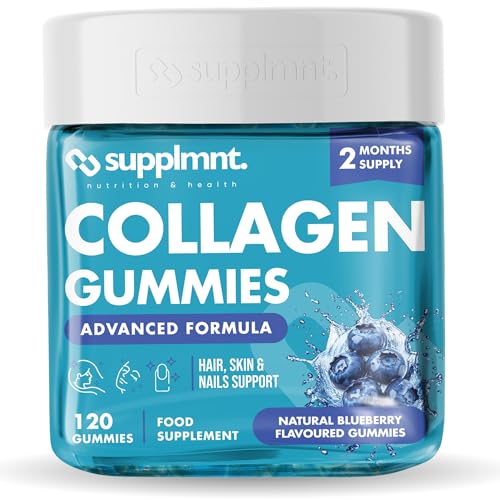 Supplmnt. Marine Collagen Gummies, Hydrolysed Collagen Peptides w/Biotin, Hyaluronic Acid & Vitamin C, Collagen Supplements for Women & Men, Collagen for Skin, Hair & Nails (One Size, Blueberry)