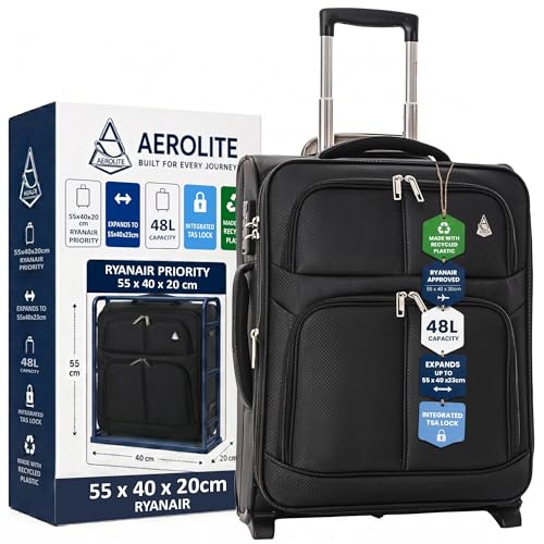 Aerolite Expandable 55x40x20cm to 55x40x23cm Ryanair Priority Max Super Lightweight Carry On Hand Cabin Luggage Suitcase 55x40x20 55x40x23 with 2 Wheels Approved for Jet2 British Airways & Many More
