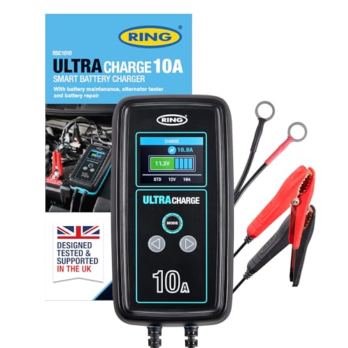 RING ULTRACHARGE 10A Smart Car Charger & Battery Maintainer With Alternator Testing And Power Supply Mode - Compatible With Lithium Ion, Lead Acid, Gel, EFB & AGM Batteries (6V & 12V Compatible)