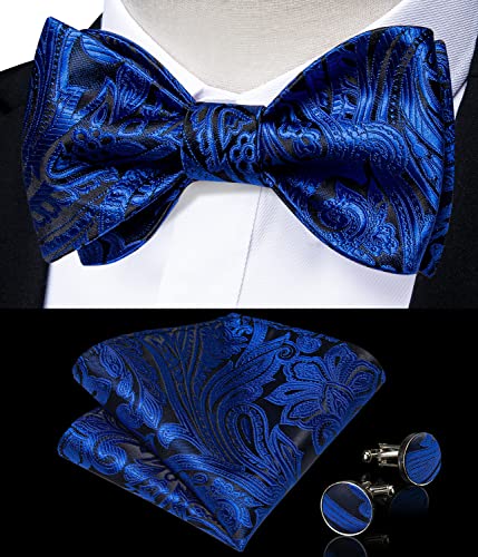 Image of DiBanGu Men Bow Tie Paisley Striped Self-Bow Tie for Men and Silk Woven Bowtie Pocket Square Cufflinks Wedding Party