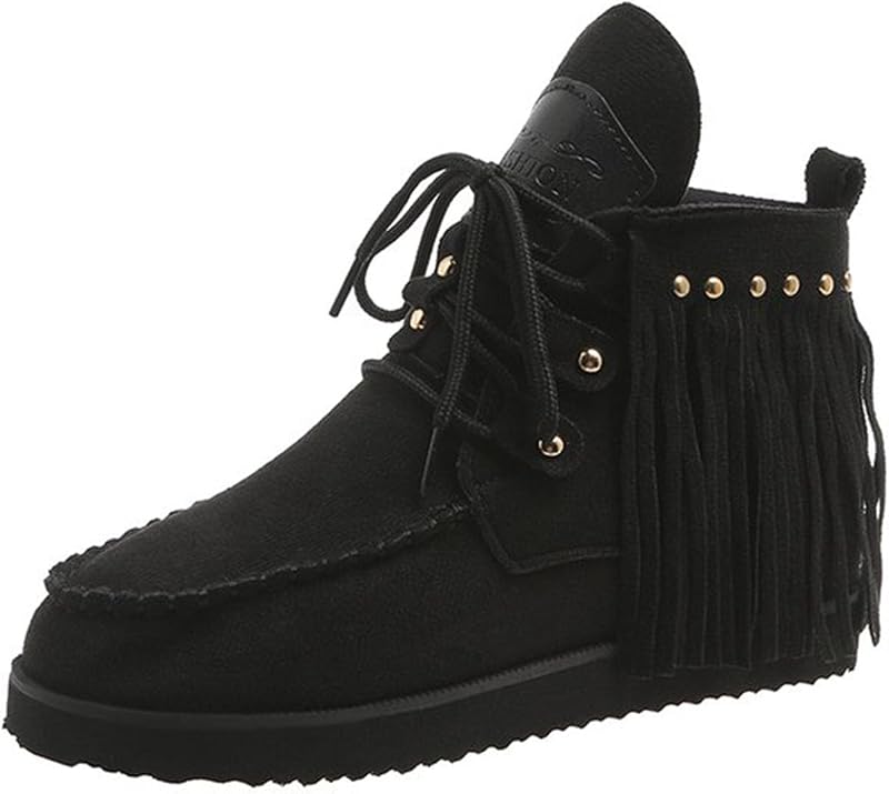 Women's Suede Fringe Cowboys Ankle Boots Vintage Round Toe Slip On Hidden Mocassion Booties Retro Buckle Strap Ankle Boot