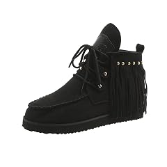 Tassel Boots for Women Fringe Faux Suede Boots Vintage Cowboy Booties Retro Round Toe Short Booties Lightweight Rome