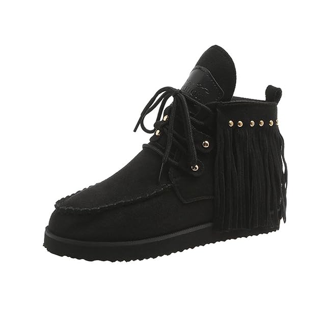 Ankle Booties for Women Suede Leather Short Boots Tassel Wide Round Toe Flats Boho Low Heels Walking Shoes
