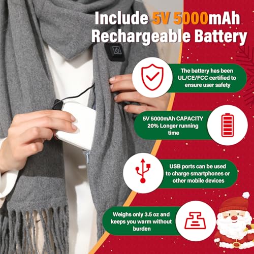 Heated Scarf for Women Men, 3 Heating Levels Intelligent Electric Heating Scarf, Cordless Neck Heating Pad with Battery3