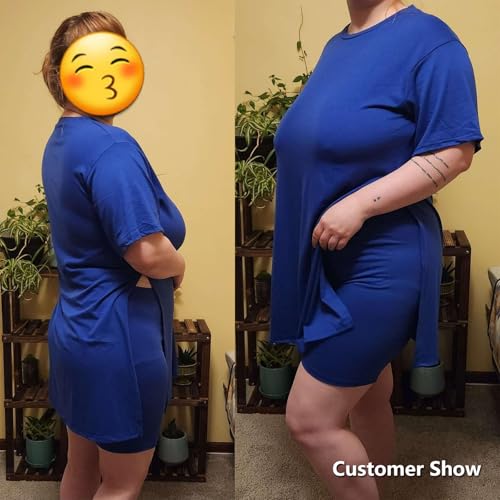 Image of AXOSY Women Plus Size 2 Piece Outfits Short Sleeve Tunic Tops and Skinny Biker Shorts Sets Tracksuits