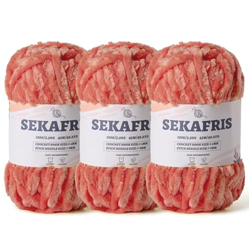 Image of Fuzzy Chunky Chenille Yarn for Crocheting,Soft Plush Yarns for Hand Knitting,Bulky 3x100g(3x49.2 yd) Baby Blanket Yarn for Crocheting Amigurumi,Crochet Fluffy Velvet Yarns (3 Grey Pink)