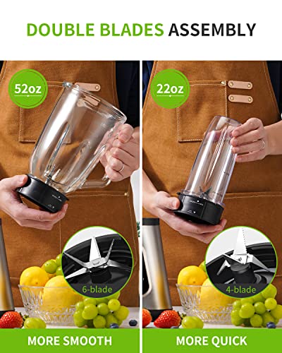 Shardor Countertop Blender 2.0 For Shake And Smoothies With 1200W, With 52Oz Glass Jar, 3 Adjustable Speed Control + 22Oz Travel Cup For Frozen Fruit Drinks, Smoothies, Sauces & More, Sliver #TOP4