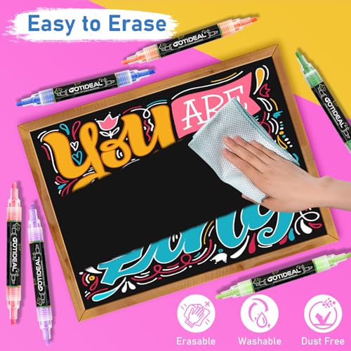 Image of GOTIDEAL Chalk Markers Dual Tips,Erasable Liquid Chalk Marker for Blackboard,Washable Chalk Pens for Auto,Car,Glass,Mirror,Chalkboard,Window markers,24 Colors Chalk Board Markers with Metallic Colors