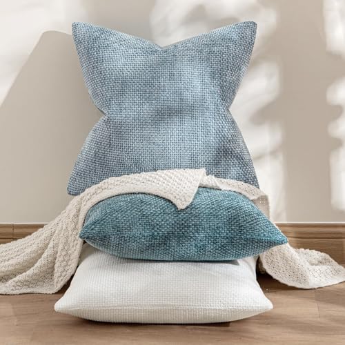 Image of MIULEE Pack of 2 Light Blue Throw Pillow Covers 18x18 Inch Coastal Summer Modern Boho Accent Decorative Pillow Covers Soft Chenille Farmhouse Cushion Covers for Home Decor Couch Bed Sofa Living Room