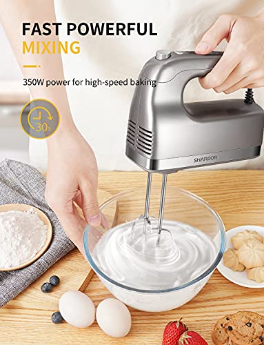 Shardor Hand Mixer, 350W Handheld Mixer With Storage Case 5-Speed Plus Turbo Hand Mixer Electric With 5 Stainless Steel Attachments(2 Beaters, 2 Dough Hooks And 1 Whisk), Silver #TOP1