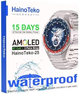 HainouTeko ساعة ذكية مقاومة للماء، شاشة أموليد، عمر بطارية ١٥ يوم، مع ٣ أحزمة، مكالمات بلوتوث، موديل ٢٥