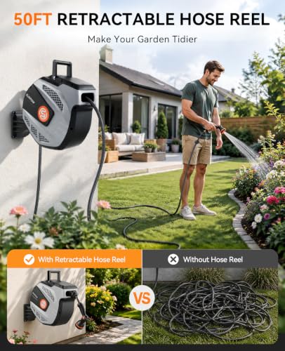 Image of SUNPOW Retractable Garden Hose Reel - 1 /2 inch x 50ft Heavy Duty Wall Mounted Hose Reel with 3 /4 inch Brass Fitting & 10 Sprayer Nozzle - Any Length Lock, Auto Rewind System, 180Swivel Bracket- Grey