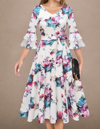 Image of DRESSTELLS Women's Cocktail Dress Summer Wedding Guest Party Vintage 3 /4 Bell Sleeve V Neck A-Line Dress