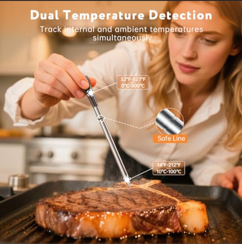 Digital Meat Thermometer Wireless Bluetooth with Smart App, 527°F Heat Resistant Probe, 100m Remote Range,Camping Appliances, Kitchen Essentials for Oven BBQ Grilling and Smoking