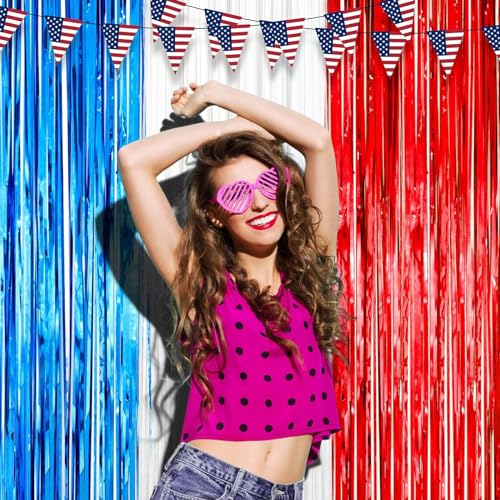 Image of Voircoloria 2 Pack Red White and Blue Foil Fringe Backdrop Curtains, Tinsel Streamers Party Decorations, Fringe Backdrop for Patriotic, Memorial Day, 4th of July, Independence Day