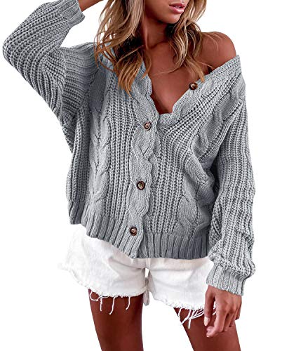 Romancan Damen Button Down Sweater Open Front Kurz Cardigan Zopfmuster Strickjacke Grobstrick Outwear Cover