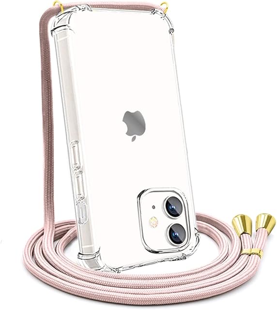 CAROKI Crossbody Case for iPhone 12, for iPhone 12 Pro,Necklace Mobile Phone Cover with Cord Strap,Clear Transparent TPU Soft iPhone 12/12 Pro Cover Holder with Neck Cord Lanyard Strap-Rose Gold