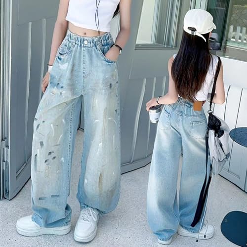 Girls Baggy Jeans with Pockets Kids Y2K Streetwear Relaxed Fit Elastic High Waisted Straight Leg Printed Denim Pants4
