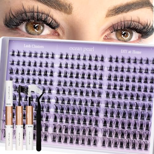 Ocean Pearl Lash Clusters Kit 300pcs,Eyelashes,spike-effect cluster lashes,10-18mm manga/anime-inspired lashes clusters,eyelash clusters,DIY Cluster Eyelash Extensions with lash bond+seal+tweezers-M33