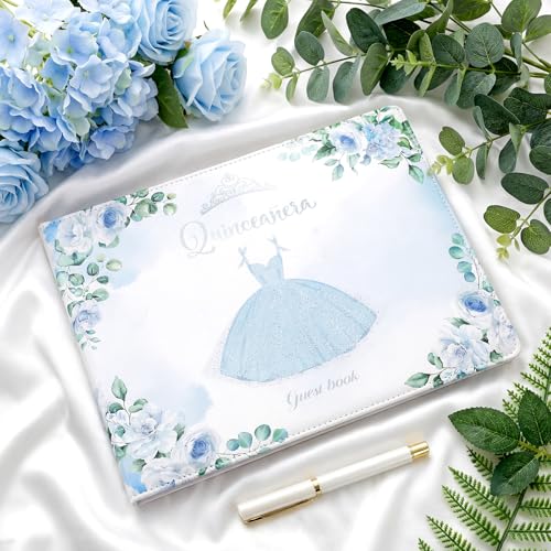 Image of MotiMind Quinceanera Guest Book with Pen 11 x 8 Inch Libro De Firmas Para 15 Anos Quinceanera Leather Hardcover Signature Book Guest Sign in for 15th Party Favors Decoration(Blue,Skirt)