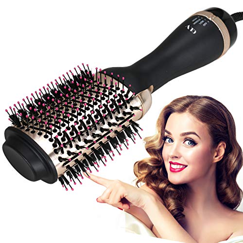 QLV Hair Dryer Brush Blow Dryer Brush Straightener Styler Volumizer 4 in one, Salon Negative Ion Ceramic Hot Air Brush for Girl Women(Golden-Black)
