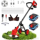 Electric Weed Wacker Cordless with Wheel, 4 in 1 Weed Eater Battery Powered Brush Cutter String Trimmer Edger, 4000mAh Stringless Weed Trimmer Lightweight Grass Trimmer Mower, 2 Battery and Charegr