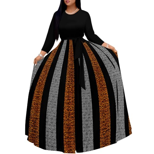 EQQZD Women's Church Maxi Dress 3/4 Sleeve Black Tribal Stripe