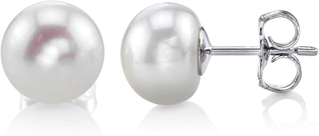 THE PEARL SOURCE AAAA Quality 14K Gold Plated Sterling Silver White Freshwater Real Pearl Earrings for Women | Hypoallergenic Earrings with Genuine Cultured Pearls