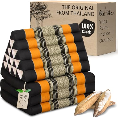 livasia Thai cushion with 3 seat rests - 73x22x3.1″ - extra high, Triangle cushion with folding mattress, Kapok, Jumbo back support cushion, Thai mat, folding, Hand made (Black/Orange)