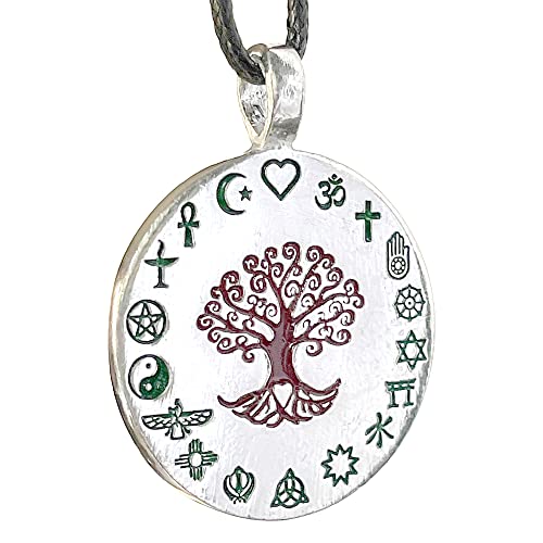 Coexist Pagan Jewelry Yggdrasil Brown Tree of life Respect all Fait religion World's Peace Protection Amulet Silver Pewter Men's Pendant Necklace Wealth Safe Travel Lucky Charm w Black Leather Cord