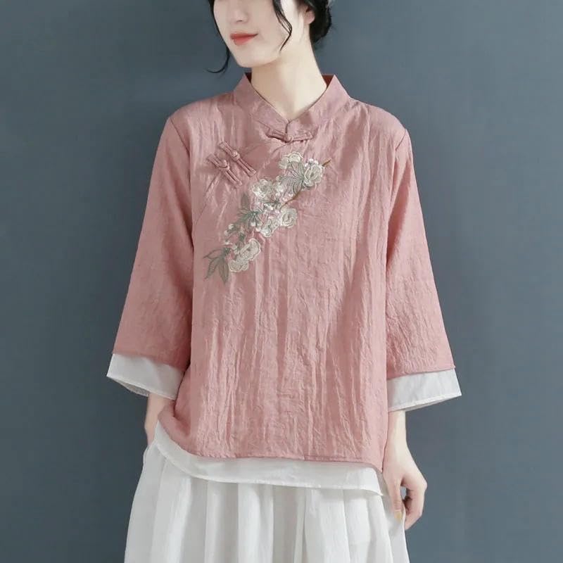 Women's Frog Button Embroidered Cotton Linen Shirt Chinese Style Mandarin Collar 3/4 Sleeve Loose Spring Summer Top