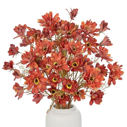 3 Bunches Artificial Daisy Flowers Bouquets for Fall Decor, 20" Faux Chrysanthemums Wildflowers for Autumn Thanksgiving Centerpiece, Silk Flowers Mums for Calliopsis Floral Arrangements, Light Red