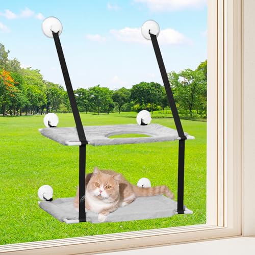 Cat Window Perch, Double Layers Cat Hammock with 6 Stable Screw Suction Cups, Foldable Cat Window Bed Hold Two Cats, Cat Window Seat with Flannel Cat Shelves for Wall