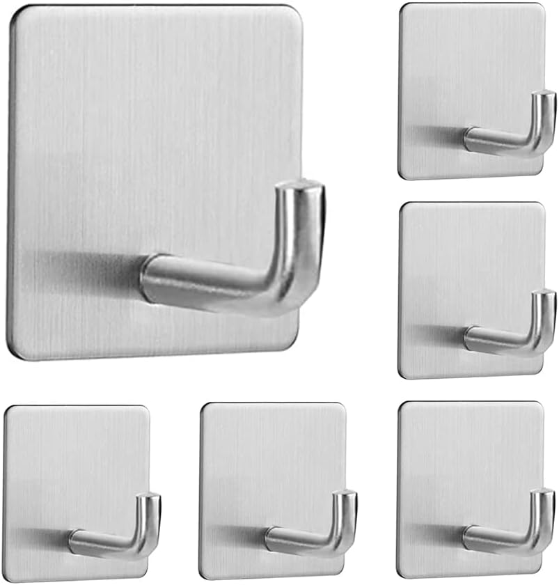 6 Packs Self Adhesive Hooks, Stainless Steel Heavy Duty Towel Wall Sticky Hooks for Bathrooms Kitchen Lavatory Closet - Silver