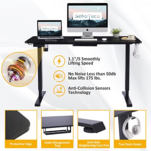 Sohoteco Electric Standing Desk,48X24 Super Stable Stand Up Desk Height Adjustable With Memory Controller,Sit Stand Desk With Cable Management Tray For Home Office,Solid Board& Steel Frame Black #TOP4