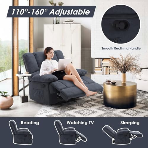 Image of Oversized Rocker Recliner Chair, Wide Rocker Chair with Adjustable Backrest Footrest, Lazy Boy Oversized Recliner for Adults, Reclining Sofa for Living Room, Reading, Bedroom, Blue Black