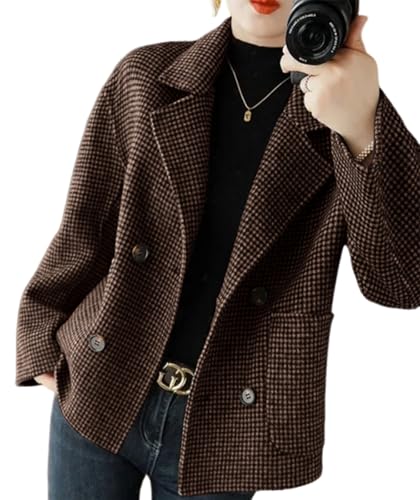 utcoco Womens Cropped Wool Coats Houndstooth Short Pea Coat Blazer Jackets (Small, Brown)