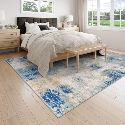 Lahome Modern Abstract Living Room Rug, Washable 8x10 Area Rugs for Bedroom Stain Resistant Non Slip, Large Blue Soft Indoor Carpet for Dining Room Table Apartment, Blue/Grey