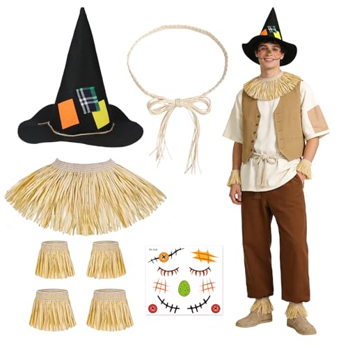 UxClishe 8Pcs Scarecrow Costume Accessories Set for Adults Fancy Dress Sets with Hat Neck Arms Ankles Face Decals Rope Belt for Halloween Cosplay World Book Day Fall Festival Party Kit